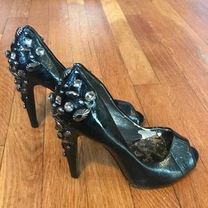 Black studded peep toe stilletos